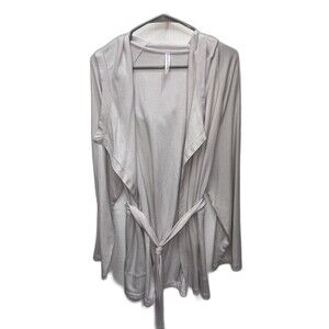 Fabletics Wrap Hoodie Cardigan Women L Gray Belt Pockets Stretch Long Sleeve
